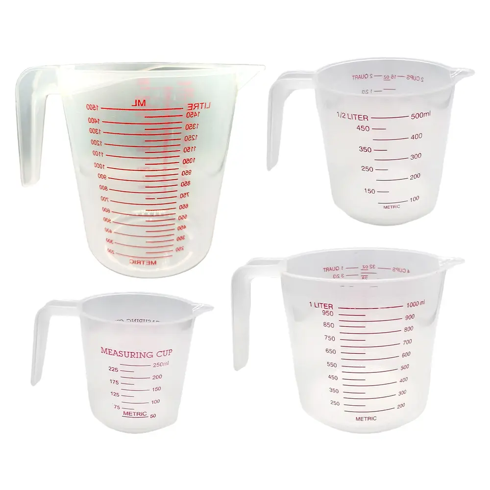 Pack of 4 Measuring Cup Set, Plastic Liquid Measuring Cups 250ml, 500ml & 1000ml & 1500ml Clear Markings for Baking, Cooking, Mixing, Oil & Water Measurement, Essential Kitchen Tools
