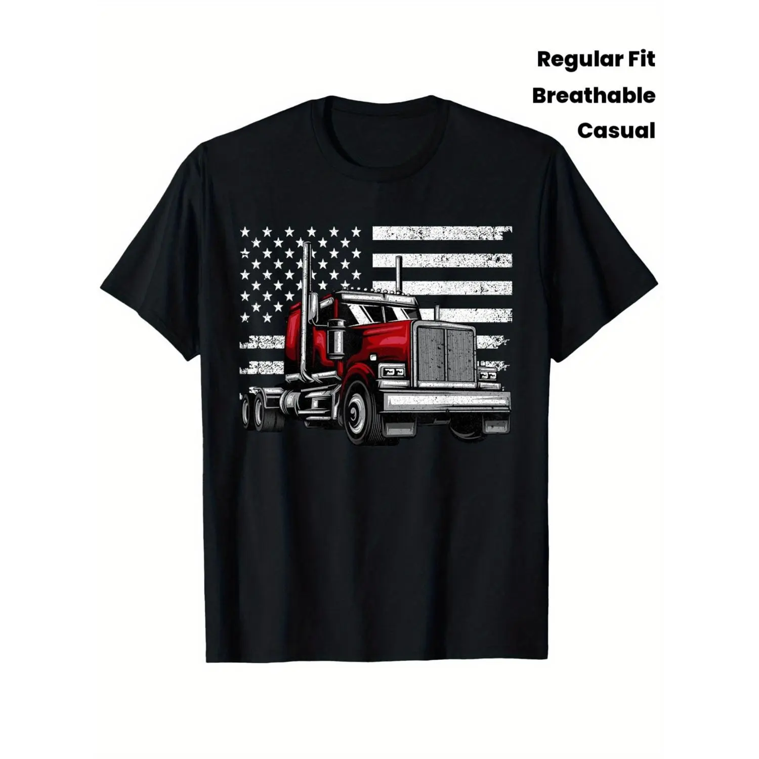 Patriotic American Flag Trucker Graphic Cotton T-shirt Soft Breathable Short Sleeve Tee with Distressed Stars and Stripes Design Regular Fit Casual Wear All Season Comfort Four Seasons Clothing Round Neck T-Shirt