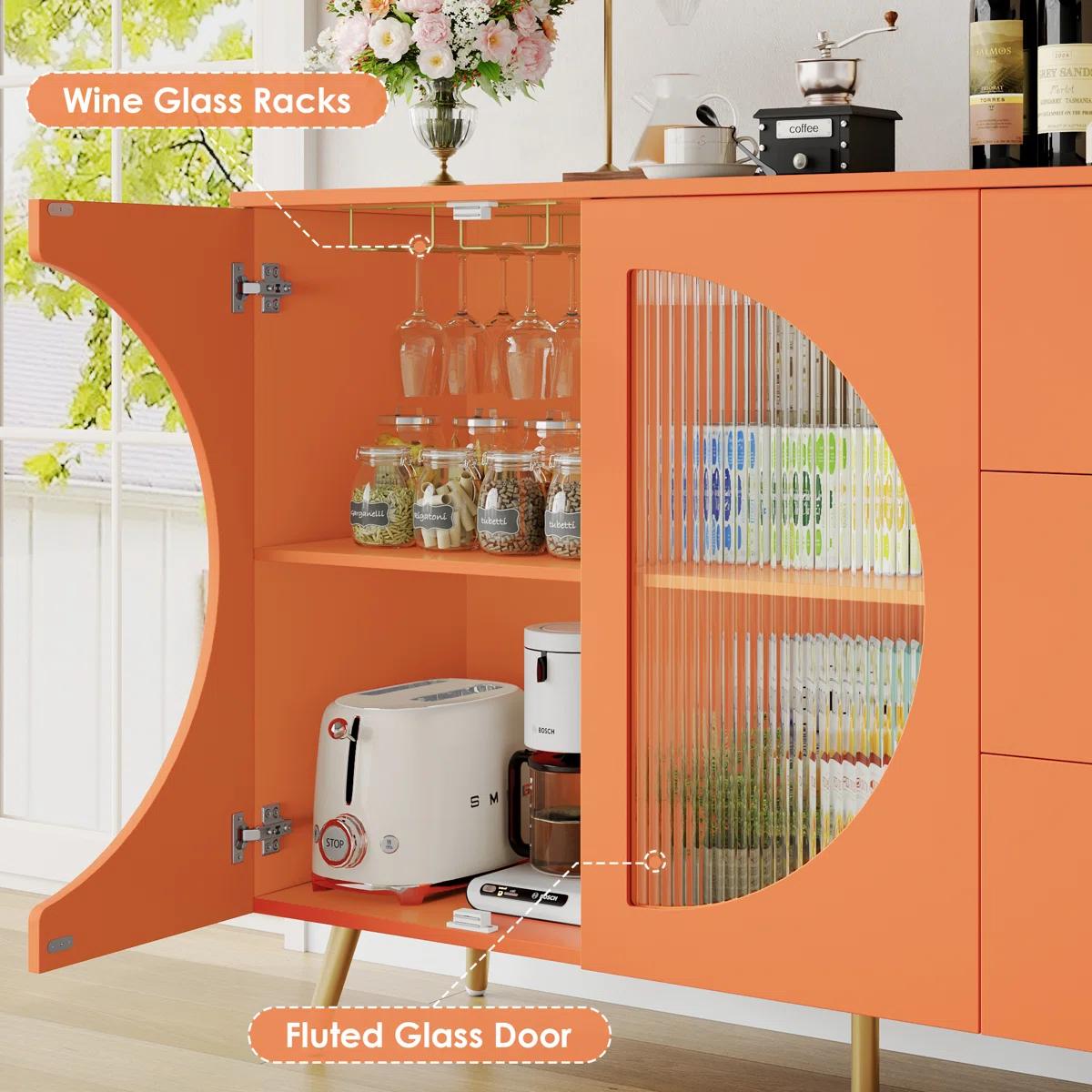 Coffee Bar Cabinet with 3 Drawers & Glass Door, Modern Buffet Sideboard Bar Table, Buffet Cabinet with Storage for Dining Room