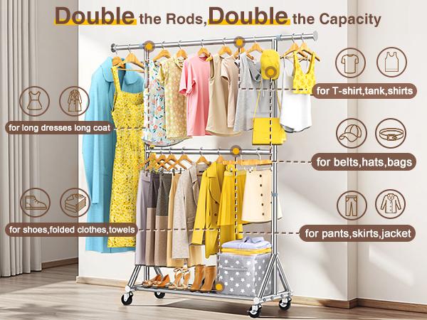 Double-Layer Rolling Clothes Rack! Large-Capacity Garment Organizer, Clothing Store Display Rack, Bedroom Floor-Standing Hanger