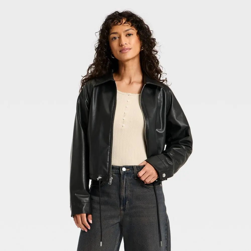 Women's Faux Leather Bubble Jacket - Tops, Long Sleeves Garment with Spandex Fabric, Universal Fit