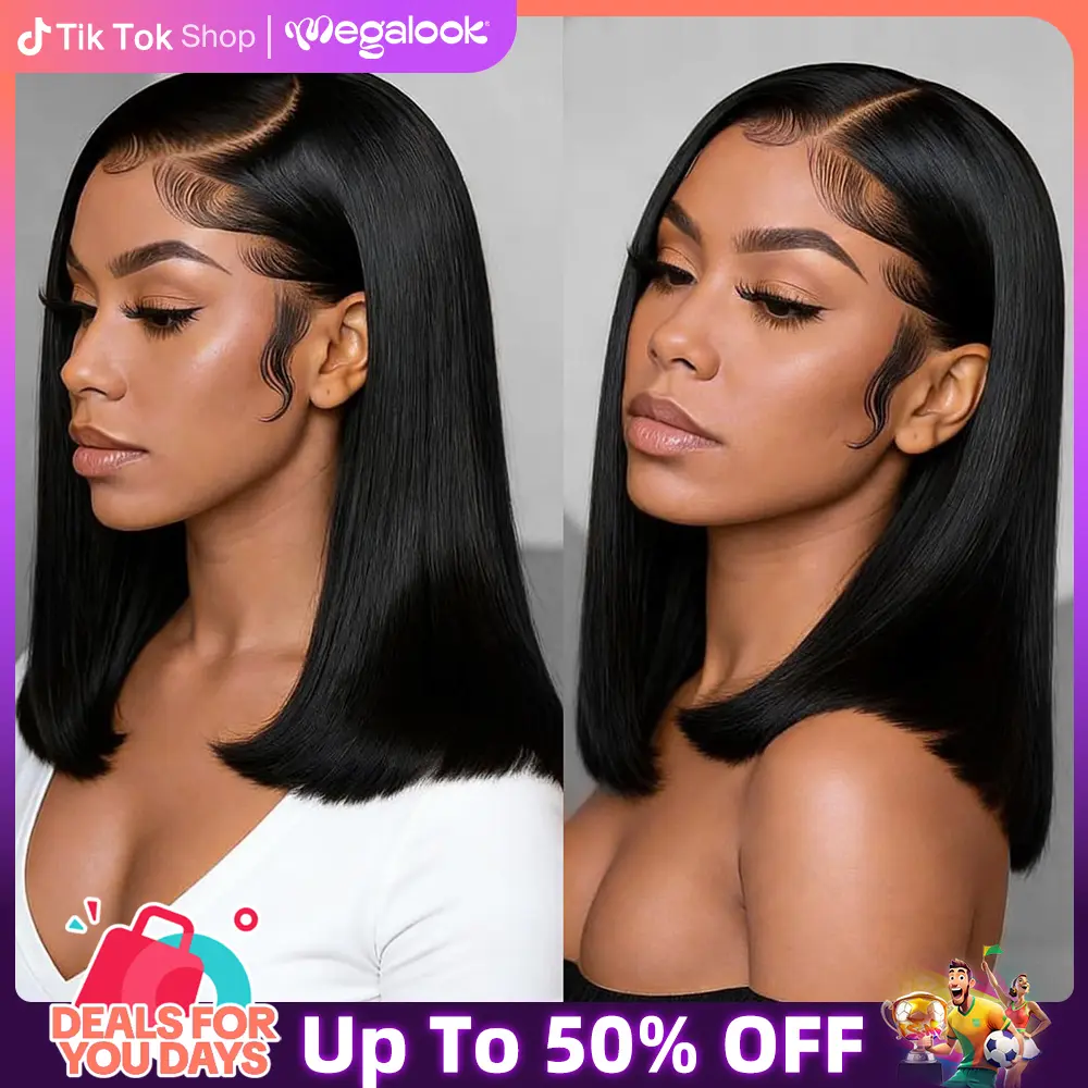 [Crazy Sale] Megalook Bob Wig Natural Black 13x6 Gluleless Wig HD Lace Frontal Short Straight Bob Wigs for Black Women 180% 250% Density #Summervibes
