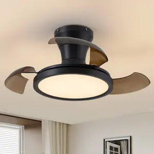 28" Retractable Ceiling Fan with Light Remote/APP Control Dimmable 6 Speed Reversible Small Led Light Ceiling Fixtures Modern Bladeless Silent Smart Fan for Bedroom Living Room Kitchen BLACK Invisible Fan Light
