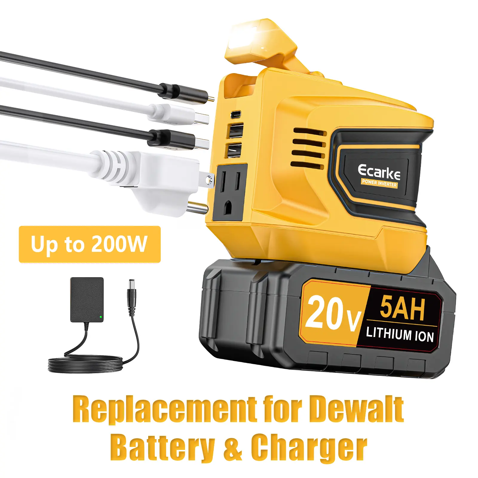200W Power Inverter for Dewalt 20V Battery, Power Station with a 5AH Battery & a Charging Station, DC 20V to AC 110V-120V, with 2 USB-A & 1 Type-C & 1 AC Outlet