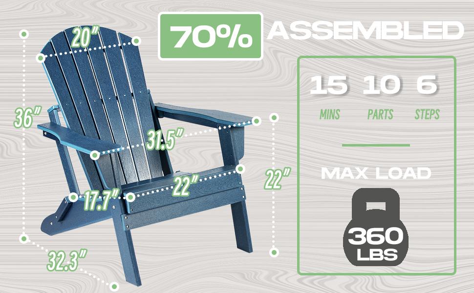 【GARVEE】Folding Oversized Adirondack Chair in Navy Blue, Weather-Resistant HDPE Material, Ideal for Outdoor Use on Patio, Porch, Deck, Garden, and Near Fire Pits