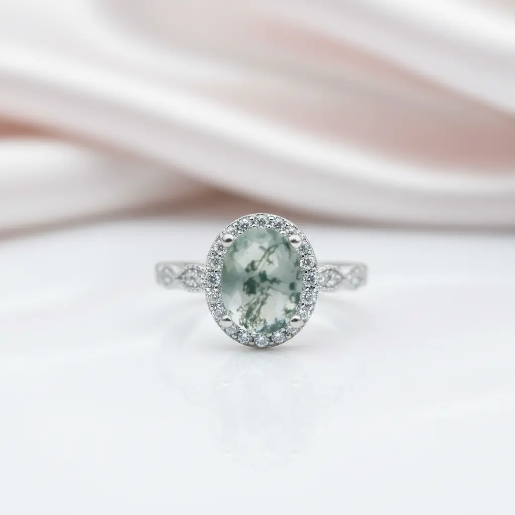 2ct Oval Cut Natural Moss Agate Engagement Ring