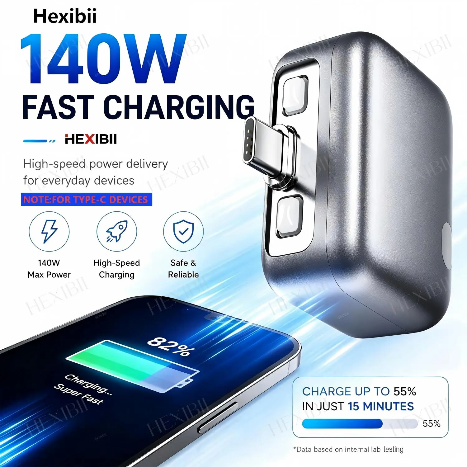TypeC Hexibii 140W Physical-Disconnect Battery Guard Auto & Self-Eject Charger, Smart Auto-Stop Accessory for iP 15/16/17/18 , iPhone14-12 Lightning Need C‑L Cable Separately ,Smartphone,Laptops, Tablets, Safe overNight Charging , smart power cut
