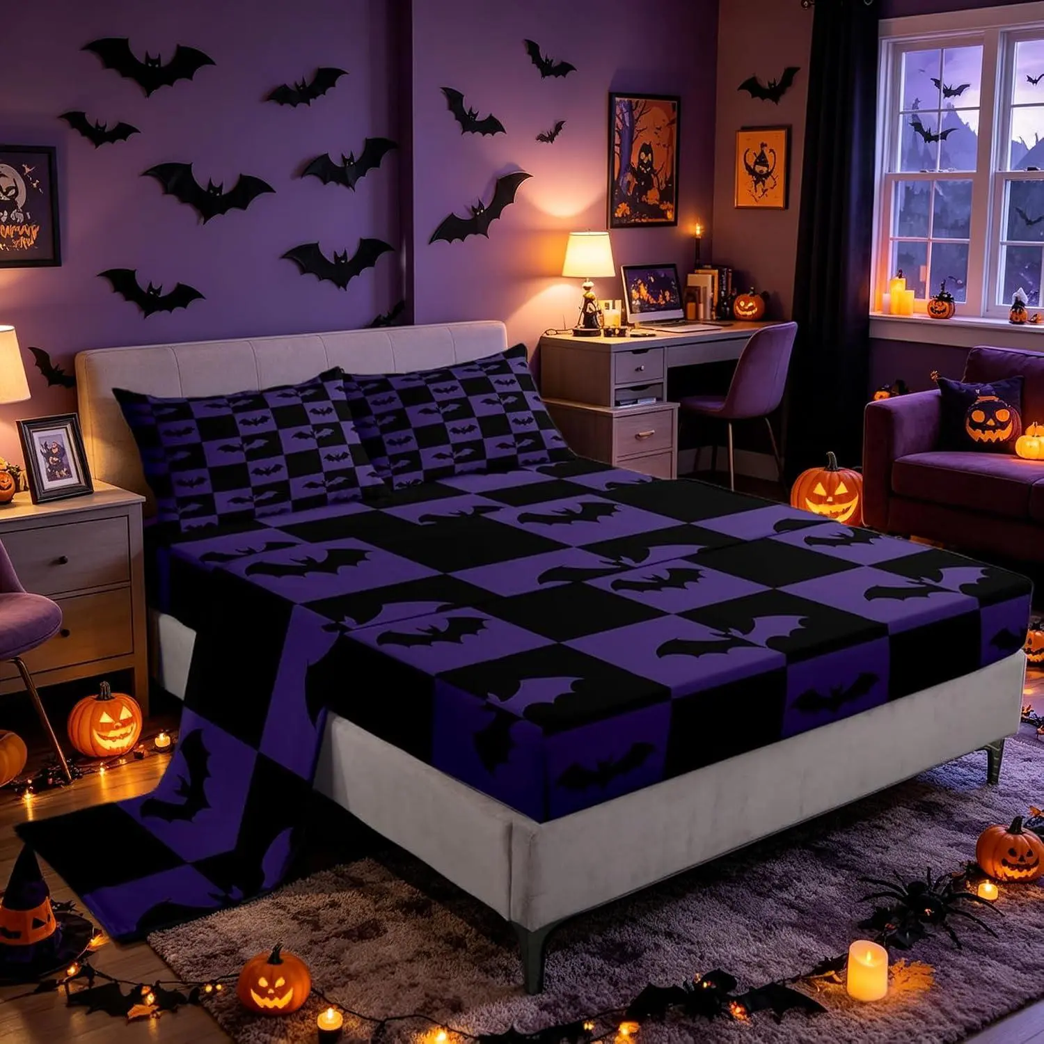Feelyou Halloween Themed Bedding Set, Black-Purple Checkered Bat Silhouette Design, Deep Pockets, Multi-Size for Adults, Bedroom Decor (Set Includes Fitted Sheet, Flat Sheet, Pillowcases),sohochic