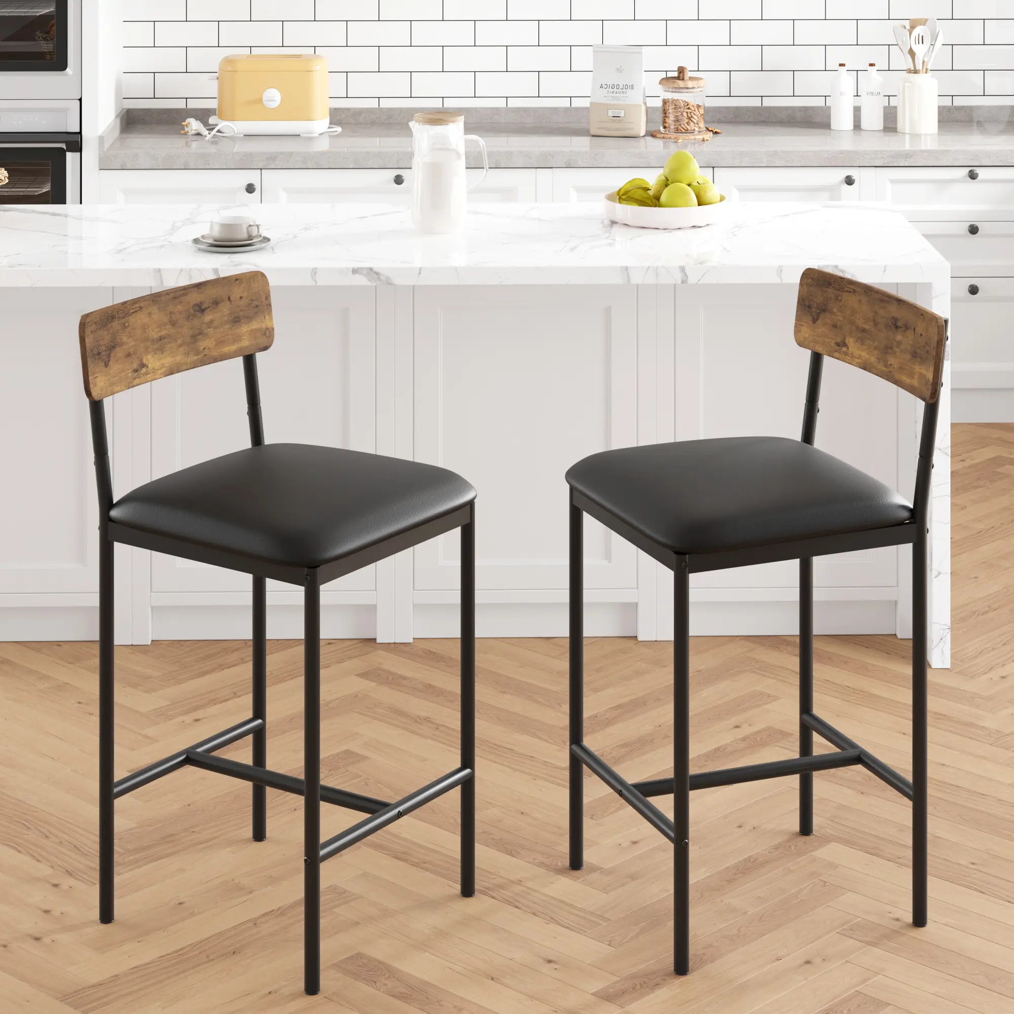 Garvee Set of 4 Industrial Bar Stools - 25.5" Upholstered Kitchen Counter Stools with Footrest & Back Support  Easy Assembly Design Sturdy Furniture Barstools for Kitchen Dining Home