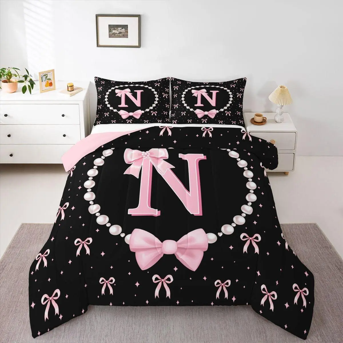 Feelyou Personalized Initial Letter N Bedding Set - Multi-Size, Pink & Black Bow Motifs, Ribbon Comforter, Machine Washable, Travel-Friendly, Bedroom Decor, Set Includes Quilt