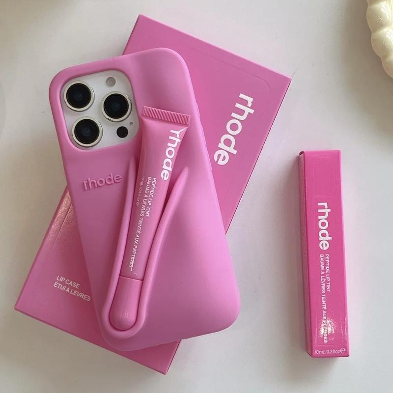 RHODE Stylish Phone Case with Integrated Lip Gloss Storage for iPhone 11 12 13 14 15 16 17, Makeup-Inspired Protective Back Cover, Fashion Beauty iPhone Case for Everyday Use