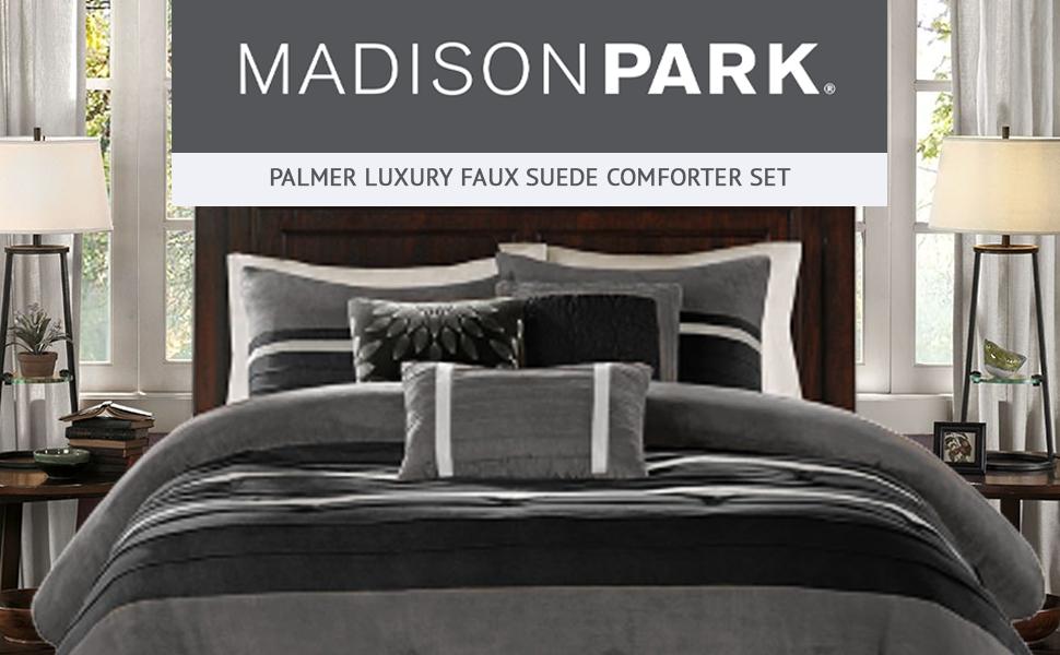 Madison Park Palmer 7 Piece Comforter Set - Faux Suede Design, Striped Accent, All Season Bedding