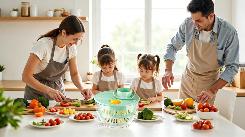 UFORU Salad Spinner Large, 3 IN 1 Vegetable and Fruit Washing Bowl with Strainer, Lettuce Spinner with 5 Blades Slicer, Egg Yolk Strainer, Salad Bowl for Efficient Salad Preparation, 5.3 Qt Kitchen Gadgets Set