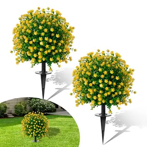 23" Artificial Topiary Boxwood Ball Trees with Ground Spike, Set of 2, UV Resistant Fake Bushes Plants with Camellia Flowers, Faux Cedar Balls Shrubs for Outdoor Indoor Front Porch Garden Decor