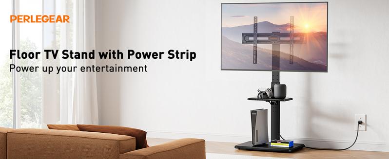 Floor TV Stand with Power Outlet, Universal TV Stand for 32-75 inch TVs up to 110 lbs, Height Adjustable Standing TV Mount, Tall TV Mount with Wood Base, Max VESA 600x400mm, PGFS06