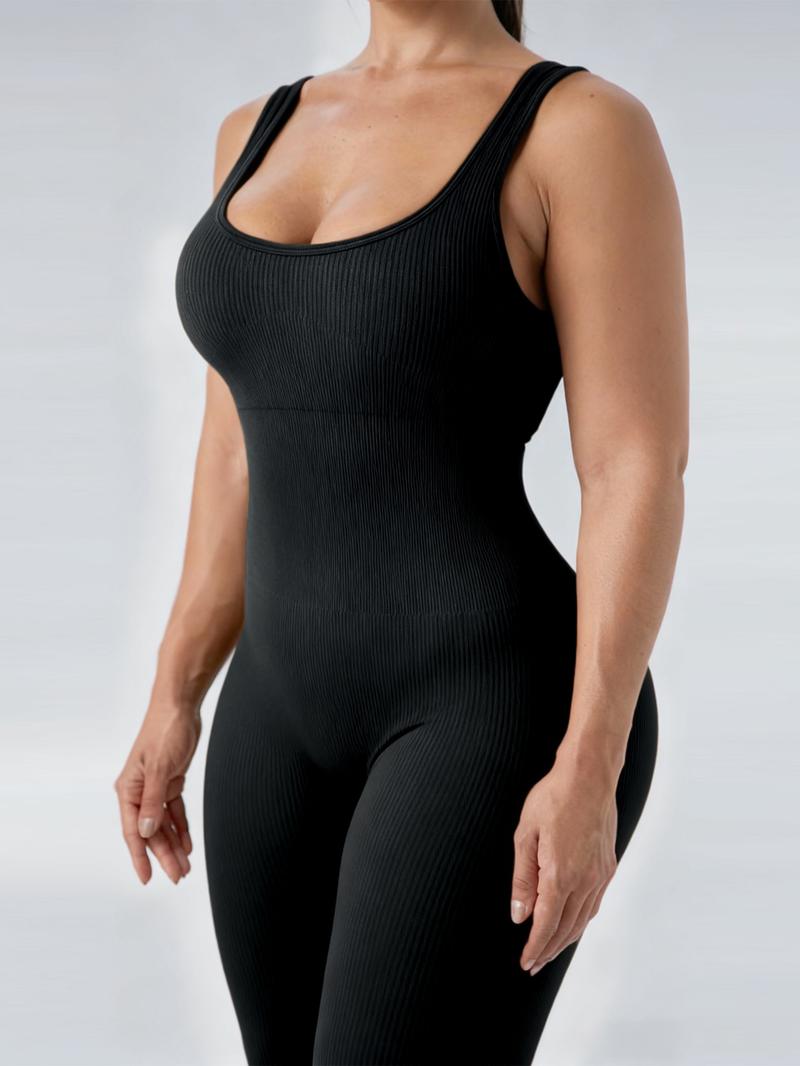 Women's Seamless Ribbed Knit High-Stretch Tummy Control Butt Lifting Yoga Bodysuit Square Neck Sleeveless Plain Solid Color Long Length Minimalist Elegant All Seasons Athletic Style Workout Gym Clothing