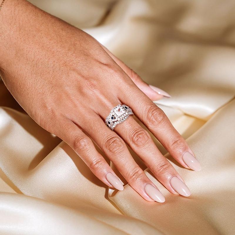 3CT Princess Cut Halo Ring with Blue Gems Band, Jewelry Ring with 5A Cubic Zirconia, Engagment Ring for Women, Bridal Ring & Vintage Anniversary Wedding Gift for Her 3CT Princess Cut Halo Ring with Blue Gems Band, Jewelry Ring with 5A Cubic Zirconia, Engagment Ring for Women, Bridal Ring & Vintage Anniversary Wedding Gift for Her