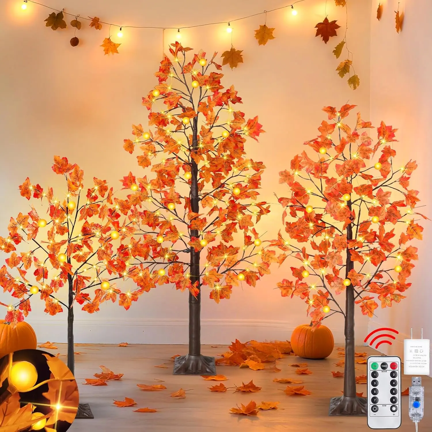 8 Modes & Remote - 3 Pack Lighted Fall Tree (4FT, 5FT, 6FT) with 240 Warm White LED Lights, Timer/USB Plug, Fall Decorations for Home Maples Tree for Autumn Thanksgiving Decor Party Indoor Outdoor