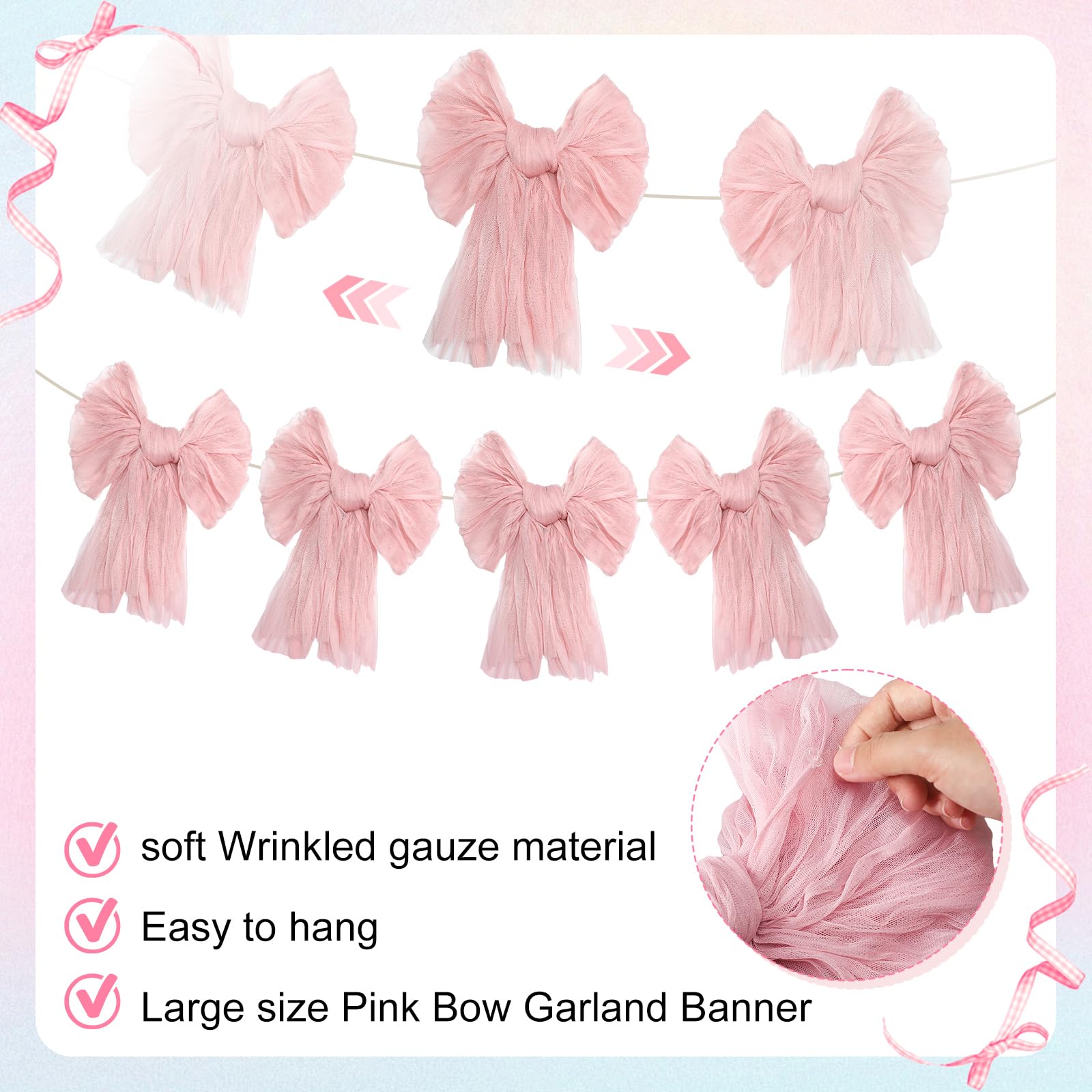 Easter Bow Garland Pastel Fluffy Tulle Satin Bow Banner Bunny Ear Plaid Pink Bow Garland Cute Hanging Wreath Garland for Mantle Fireplace Wall Door Mantel Decor, Spring Indoor Outdoor Home Table Backdrop Easter Decor 2026 Festive Party Supplies & Gifts