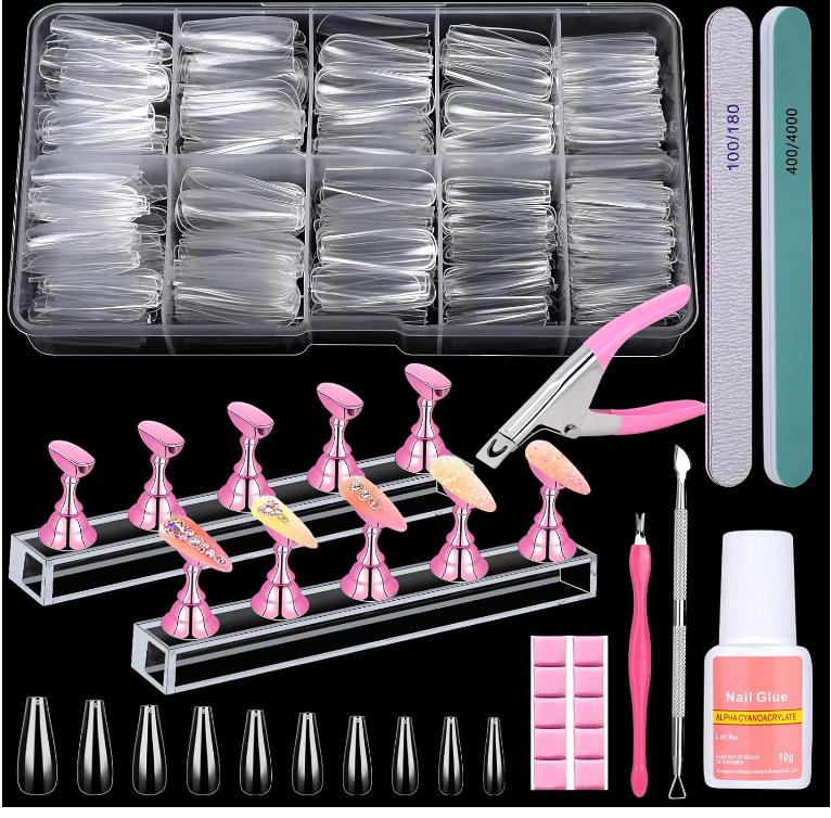 600PCS Clear Coffin Nail Tips Set Qinzave Clear Acrylic Nail Tips with Nail Glue Coffin Nails Full Cover with Nail Display Stand, Cuticle Nail Pusher Remover, Nail Files Buffer