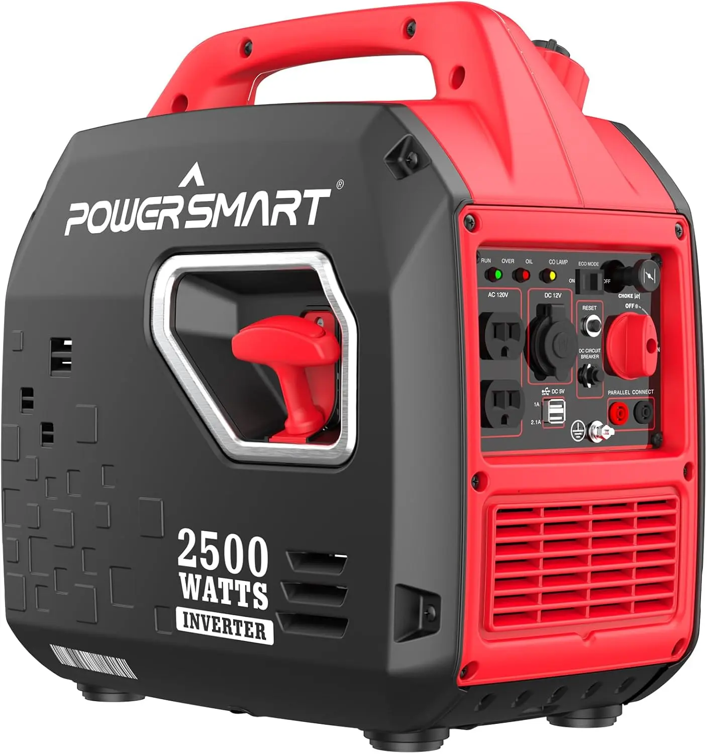 PowerSmart 2500-Watt 2500w Expandable Portable Gas Inverter Generator - 39 lbs Compact & Portable Design, Super Quiet, Eco-Mode, High Fuel-Efficient, CARB Compliant, Parallel Cap., Built-In Handle, 120v AC, 12v DC, 5v USB (PS5020W)