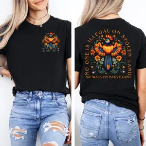 No One Is Illegal on Stolen Land Shirt, Pro Immigrant Tee, Human Rights Top, Abolish ICE, Social Justice Activism Gift, Pure Cotton Round-neck T-shirt, Machine Washable, Suitable for Daily Wear, Exercise and Vacation Womenswear Streetwear
