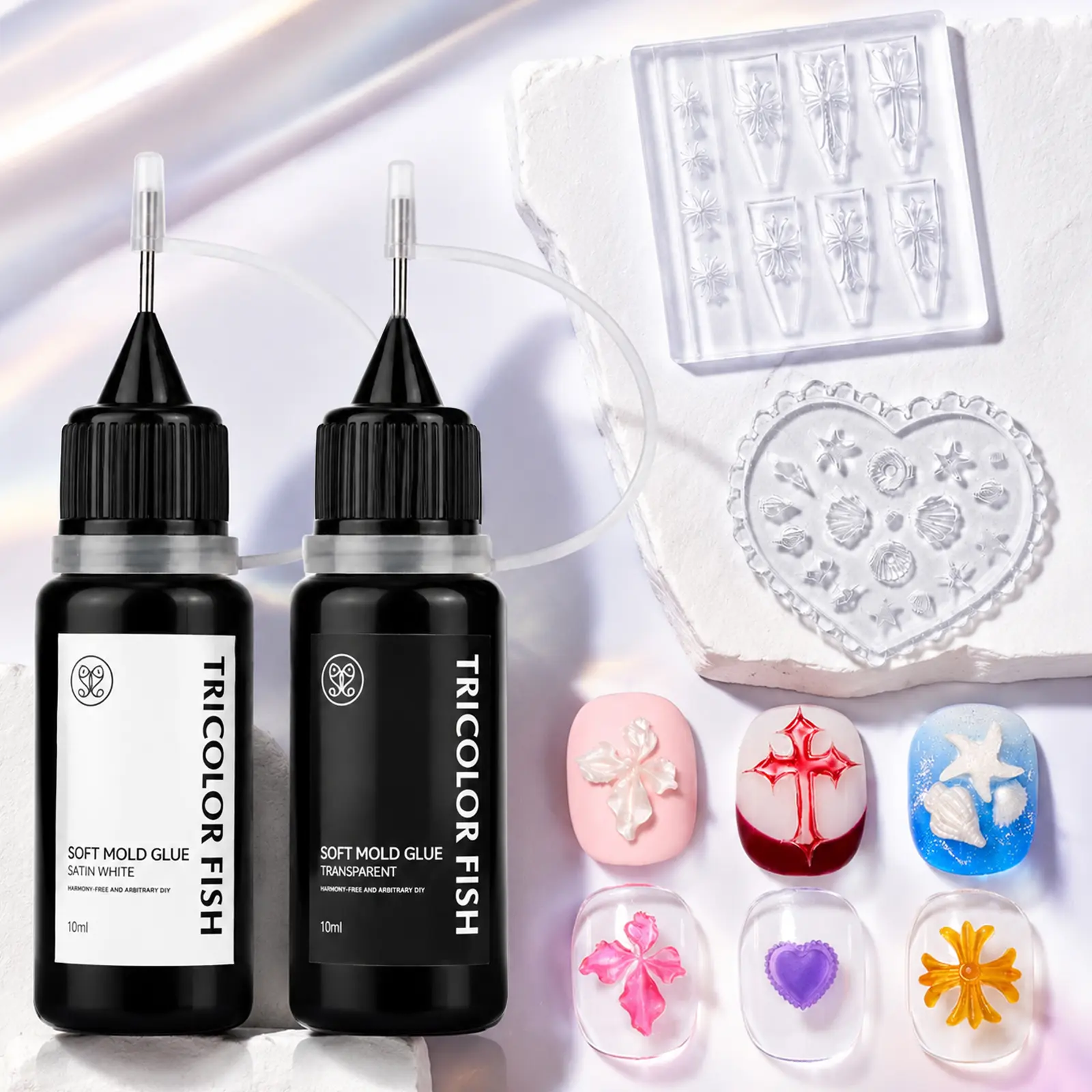 TRICOLOR FSIH Soft-Type 3D Nail Sculpting Gel (2-Piece Set: Clear/Satin White) for Nail Art Molds | 10ml Gel with 2 Molds; Suitable for Floral Sculpting & Ornament Creation; Ideal for DIY & Salon Use; Requires UV Lamp Curing.