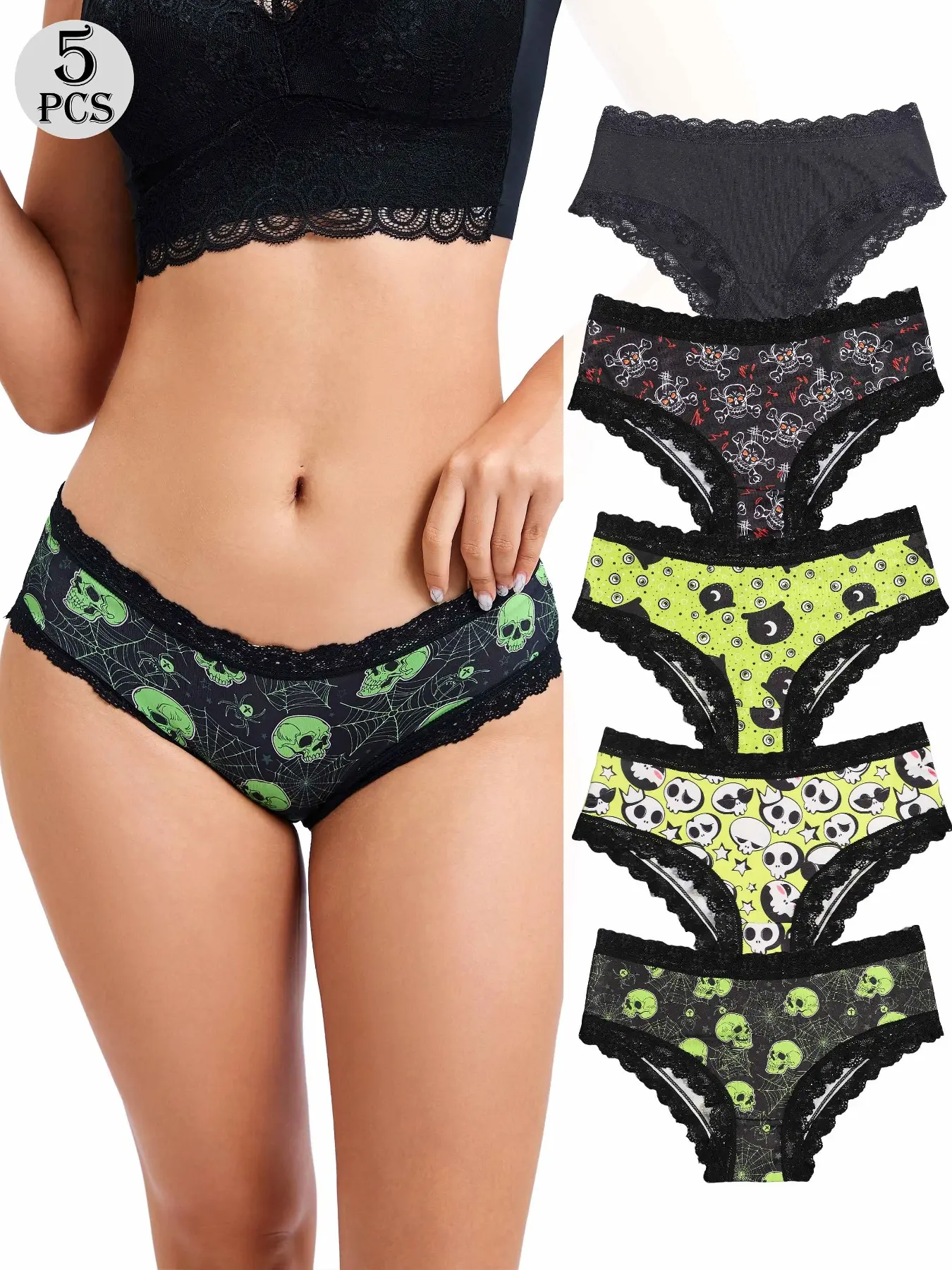 5-Pack Sexy Cute Gothic Contrast Lace Hipster Panties, & & Skulls & Bats & Cups, All over Print, Comfy Silky Intimates, Underwear, Casual Underwear Brief, Breathable Lace Knicker, Fitted Knickers