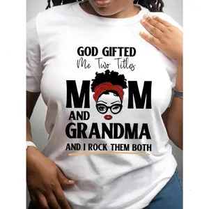 Women'S Casual Crew Neck T-Shirt with "God Gifted Me Two Titles Mom and Grandma" Letter Print, 100%25 Knit Fabric, Short Sleeve Top for All Seasons - 180gsm