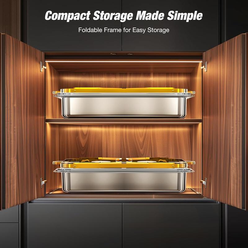 Gold Chafing Dishes for Buffet 9QT 2 Pack/4 Pack, [Easily Assemble] 430 Stainless Steel Chafing Dish Buffet Set w/Foldable Frame, [No Finger Cut] Chafer for Catering