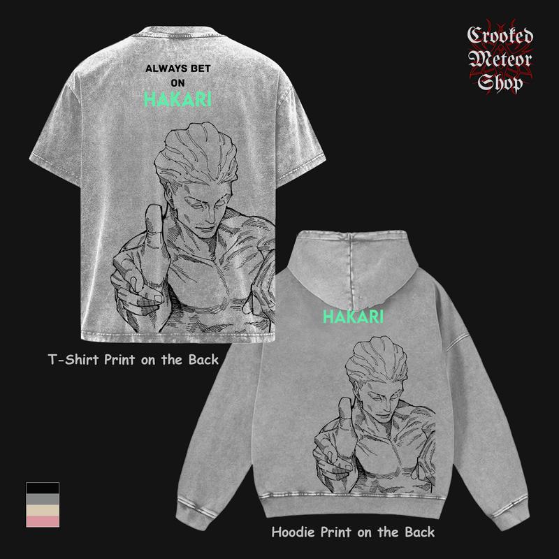 Hakari Kinji JJK Anime Double Printed Season 3 Vintage Washed Oversized T-Shirt & Hoodie – Heavyweight Cotton Unisex Streetwear Shirt, Manga Style Graphic Tee for Anime Fans