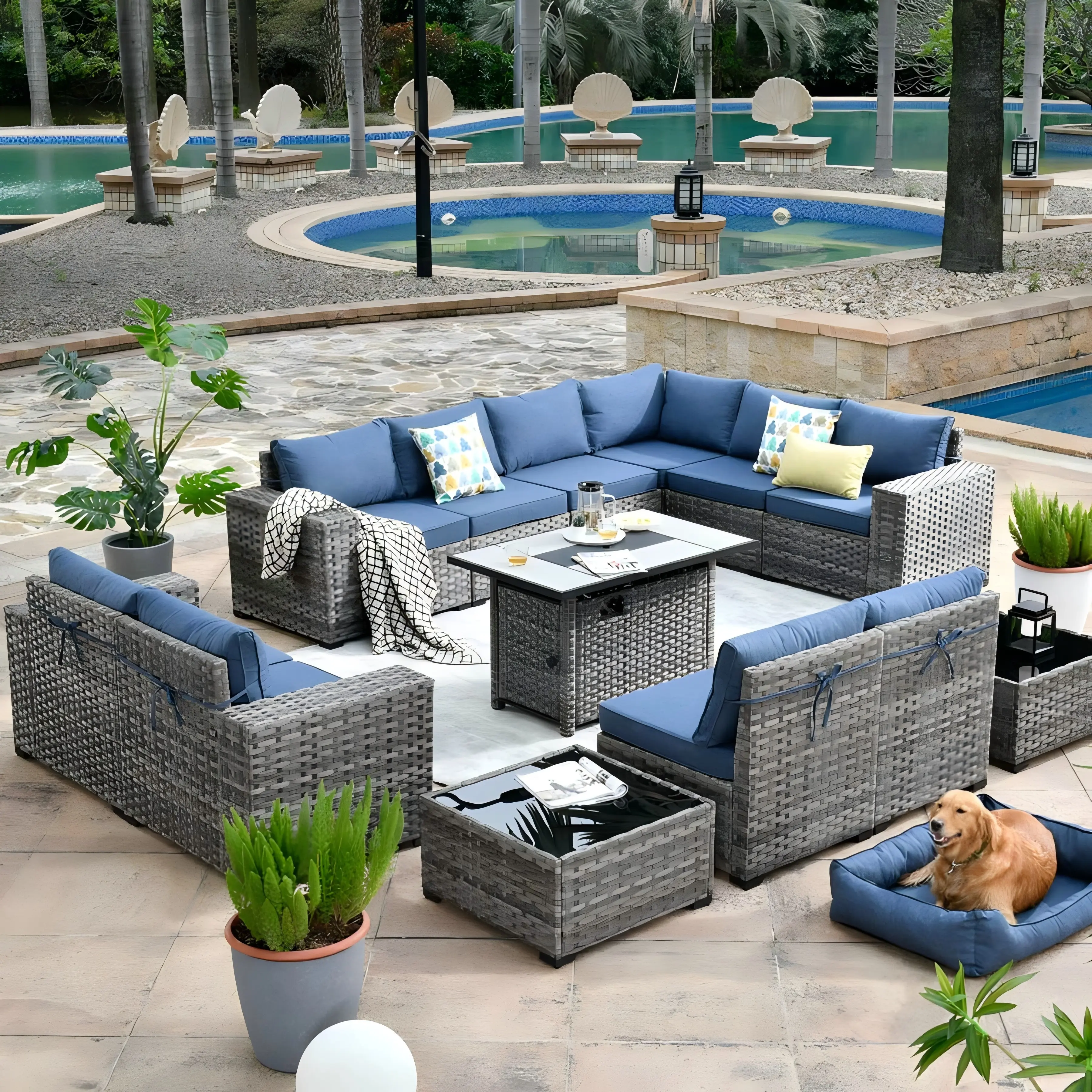 【Summerfinds】Ovios 13-Piece Outdoor Patio Furniture with 7.68'' Broad Handrails & 42.12'' Rect Fire Pit Table, All-Weather Wicker Conversation Set w/ Cushions for Backyard Patio Porch Deck Garden Balcony Seat