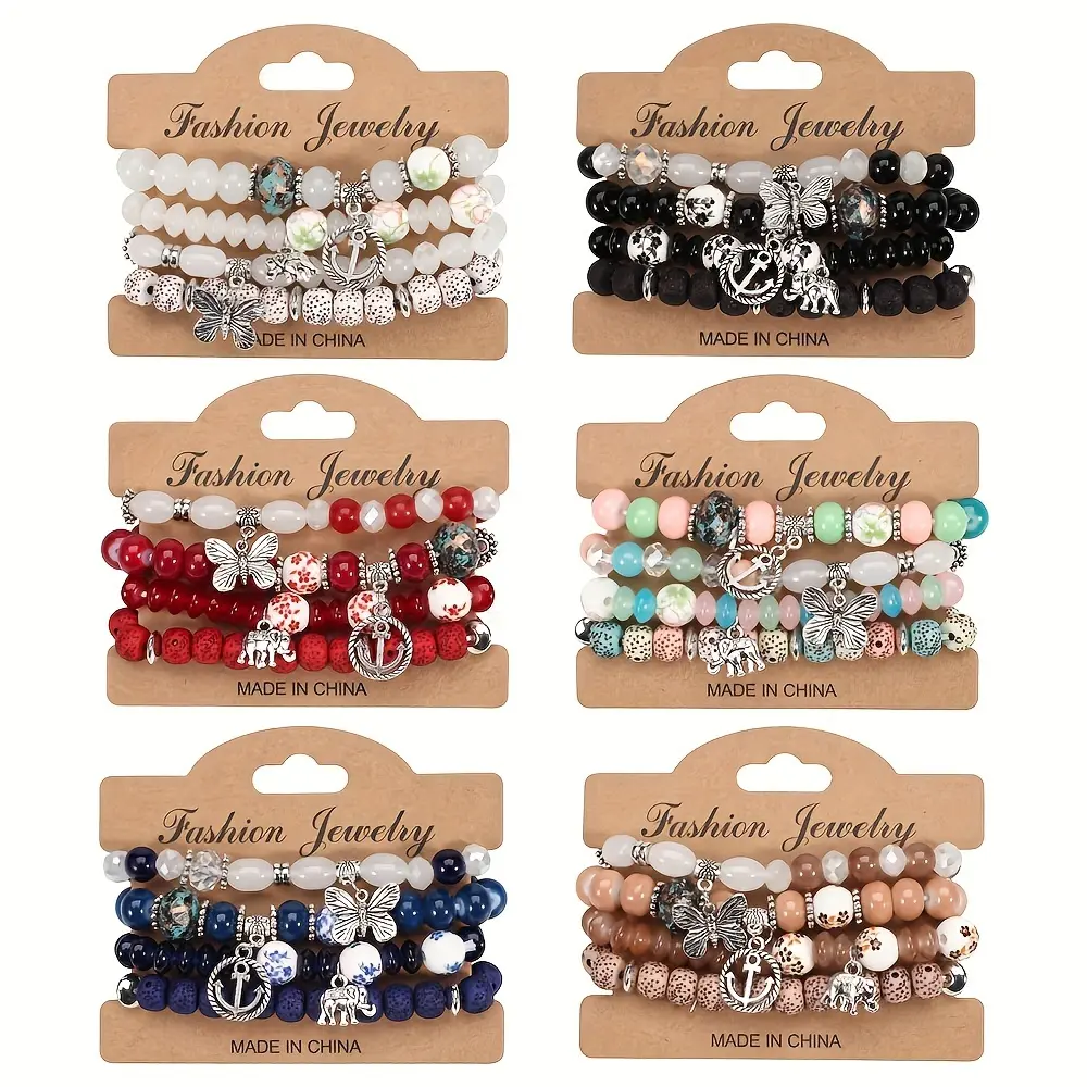 Charm Bracelets, 24-Piece Bohemian Beaded Set for Women, Stackable Stretch Costume Jewelry with Elephant & Butterfly Charms for Daily Wear, Charm Bracelet
