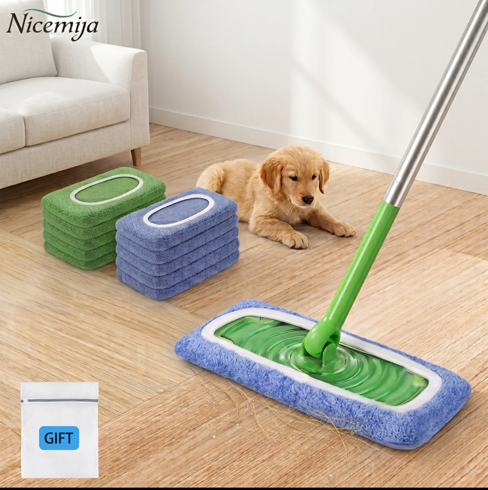 Nicemiya 10 Counts Reusable Mop Pads for Swiffer Sweeper Mop Machine Washable Dry Wet Microfiber Pad Refills for Home Floors Glass Walls Cleaning