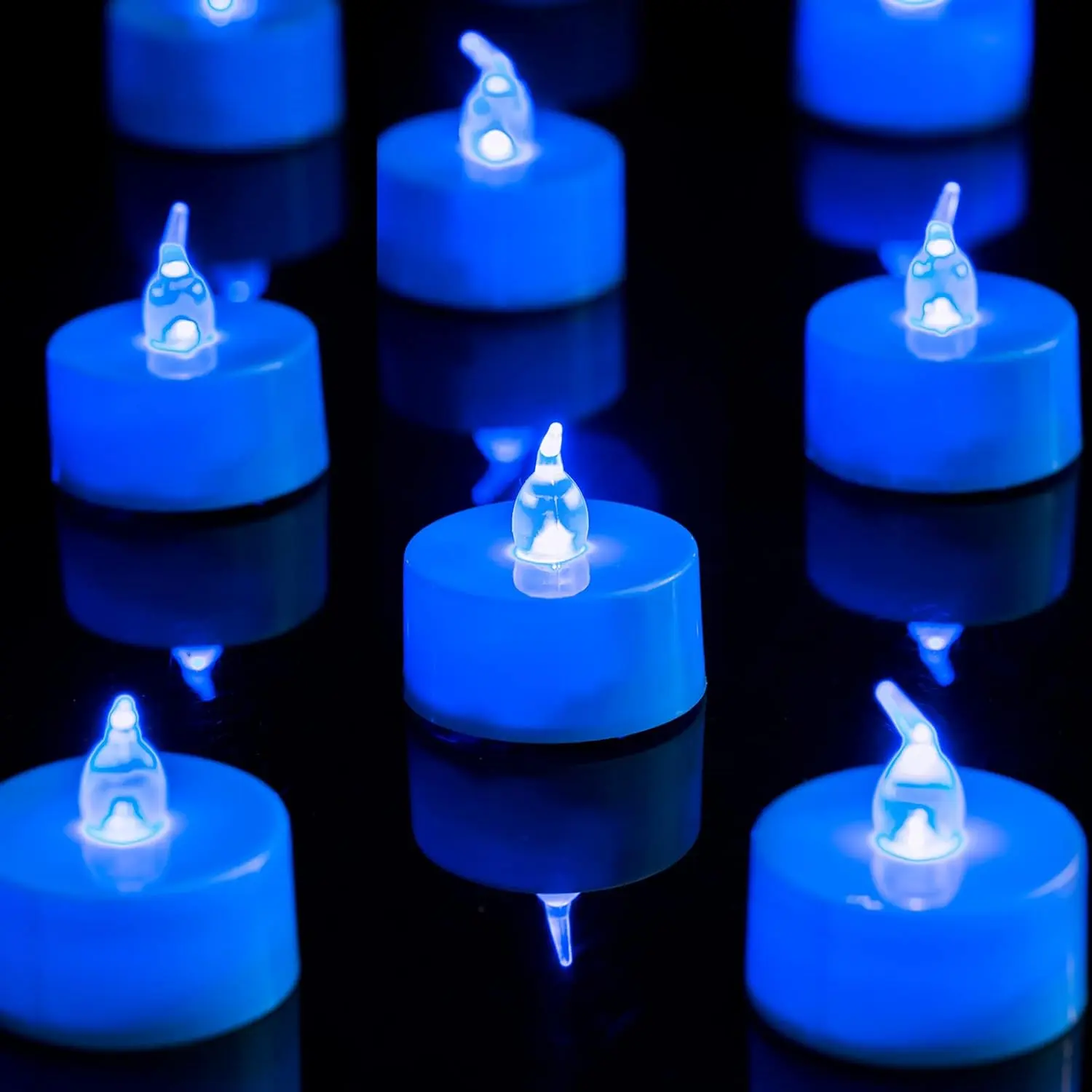 24-Pack 24-Count Flameless LED Candle Lights, Blue Synthetic Flickering Tealights, 100-Hour Long-Lasting Button Cell Operated, Festive Decor for Halloween, Christmas