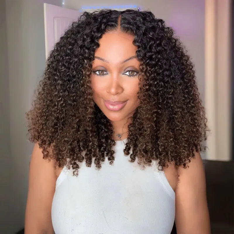 Burmese Curly Human Hair Wig with Finger Coil Ends Glueless 7x5 Lace Front Drawstring Wig Pre Plucked Pre Cut Put On and Go Black to Chestnut Brown Ombre
