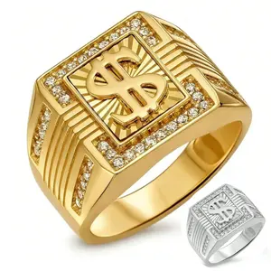 14k gold-plated rings with dollar bill-shaped stones and lucky symbols, fashionable design for couples, suitable for everyday wear, gifts, and parties