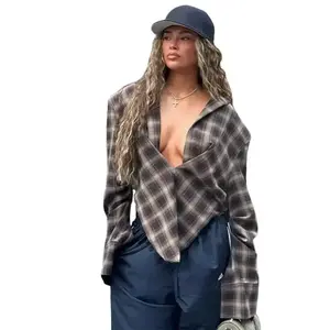 FashionWomenPlaidShirtIrregularV-NeckTopLongSleeveLooseLadyBlouse2025AutumnSexyFemaleHighstreetOutwearFitWomenswearcutefalloutfitsofficeoutfitswomen