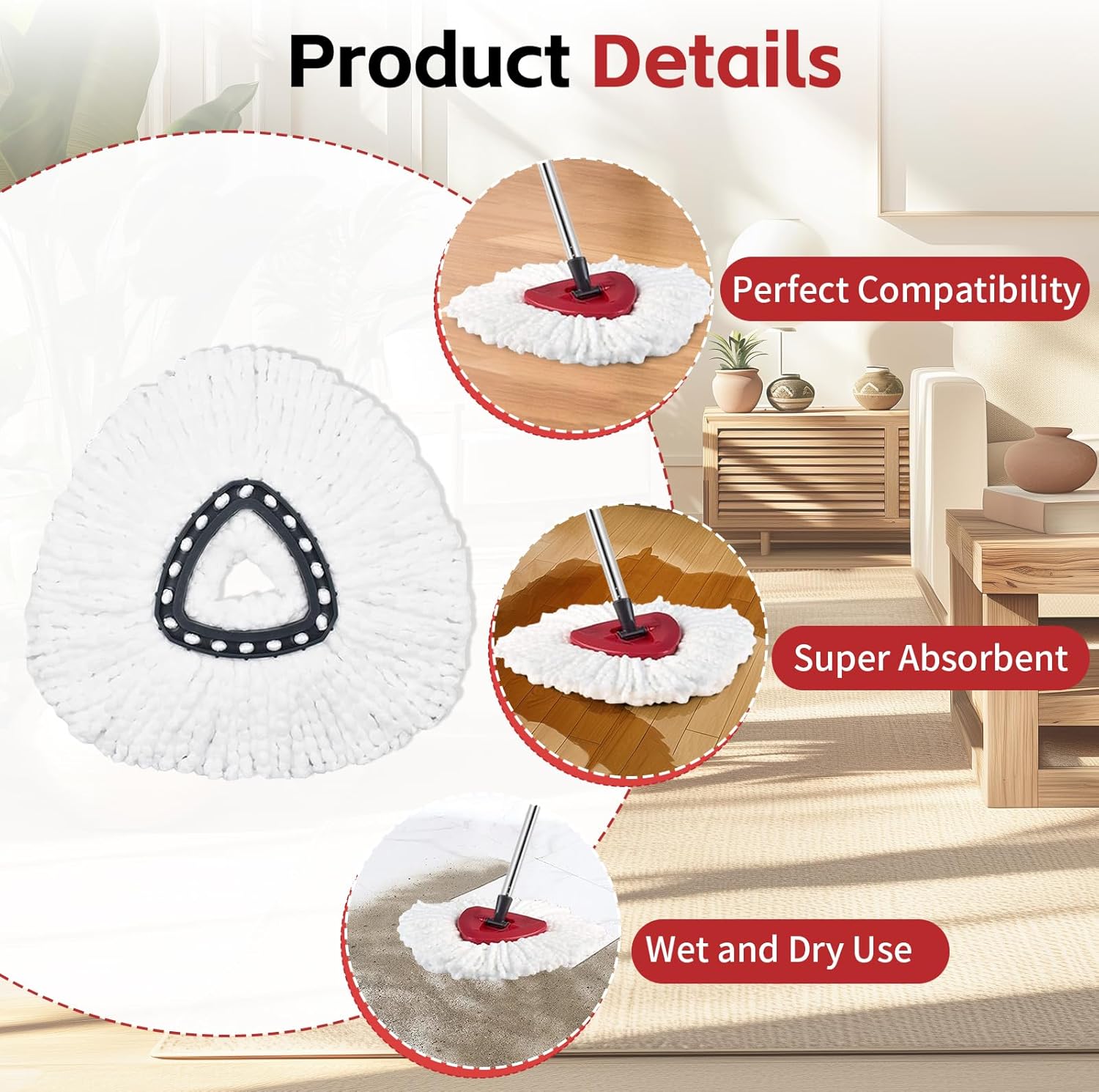 Spin Mop Head Replacement & Shower Floor Scrubber  Set (No Bucket), Compatible with O Cedar EasyWring 1-Tank System,Microfibre  Mop Refill Heads for Cleaning All Hard-surfaced Floor, Easy to Replace Easy to Clean