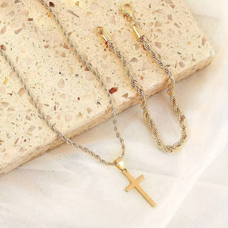 2pcs Stainless Steel Cross Necklace and Bracelet Set for Men, Twisted Rope Cross Pendant Jewelry Set for Men and Women, Perfect for Casual Parties