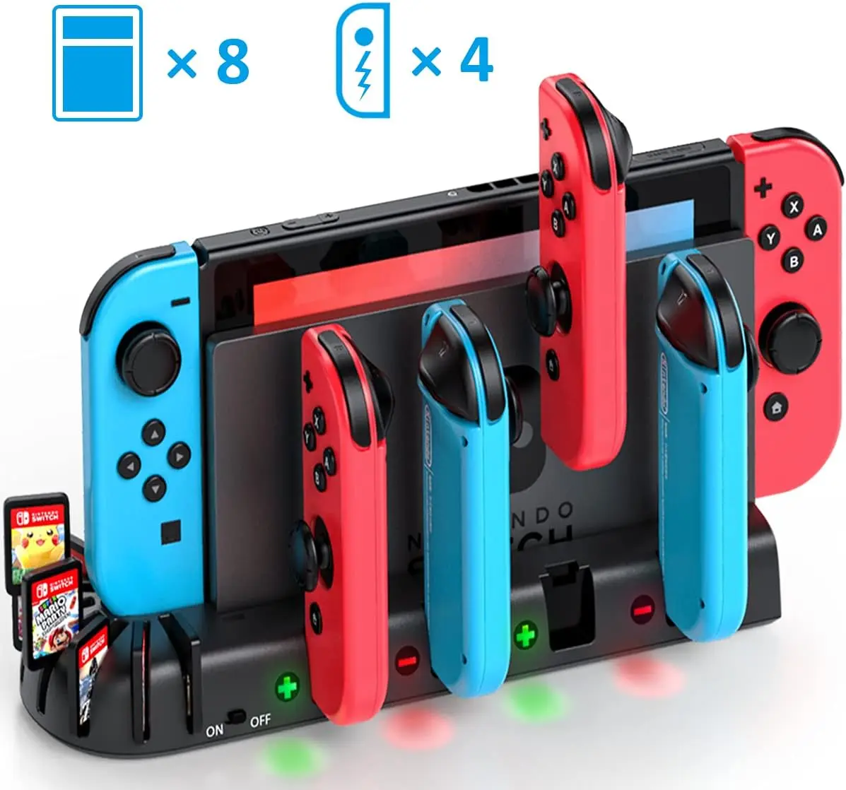 KDD Durable Controller Charging Dock Station - Compatible with Nintendo Switch, Switch OLED Model Joycons, with Upgraded 8 Game Storages, Gaming Console Accessory