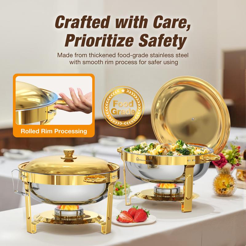 WARMOUNTS 5QT Gold Chafing Dishes for Buffet with Glass Lid, Round Stainless Steel Chafers and Buffet Warmers Sets with Lid Holder, Rolled Rim Design, for Catering Events, Parties, Weddings (2/4/6Pack)