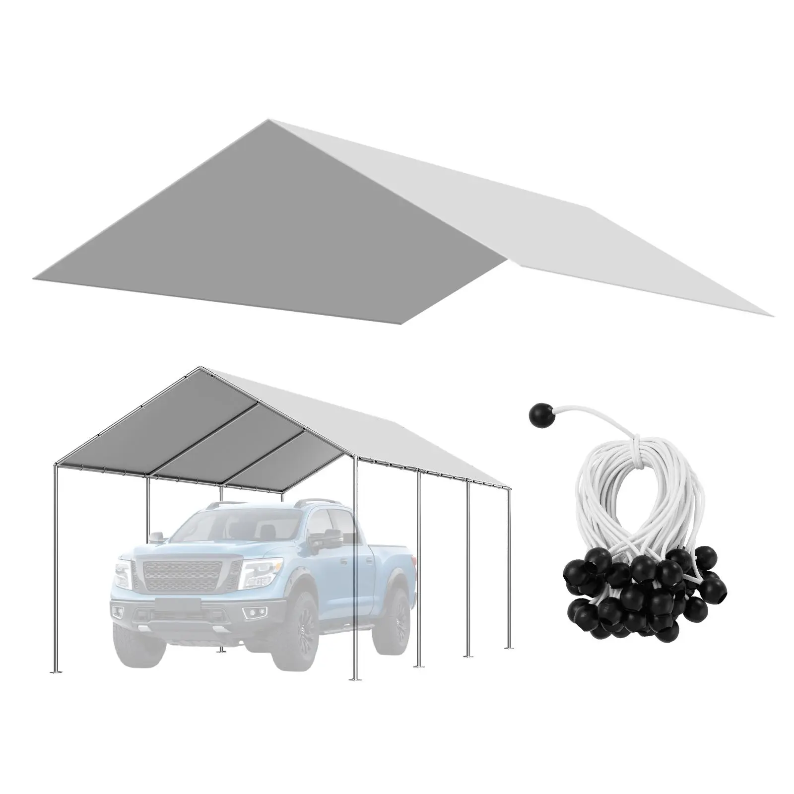 VEVOR 10x20ft Carport Replacement Canopy, 210g PE Woven 16×16 Weave UV-Resistant Water-Repellent Heavy-Duty Tent Top Tarp, with Ball Bungees, Grey All-Weather Cover, Quick & Easy Setup, Fits Most Frames, for Farms (Frame Not Included)