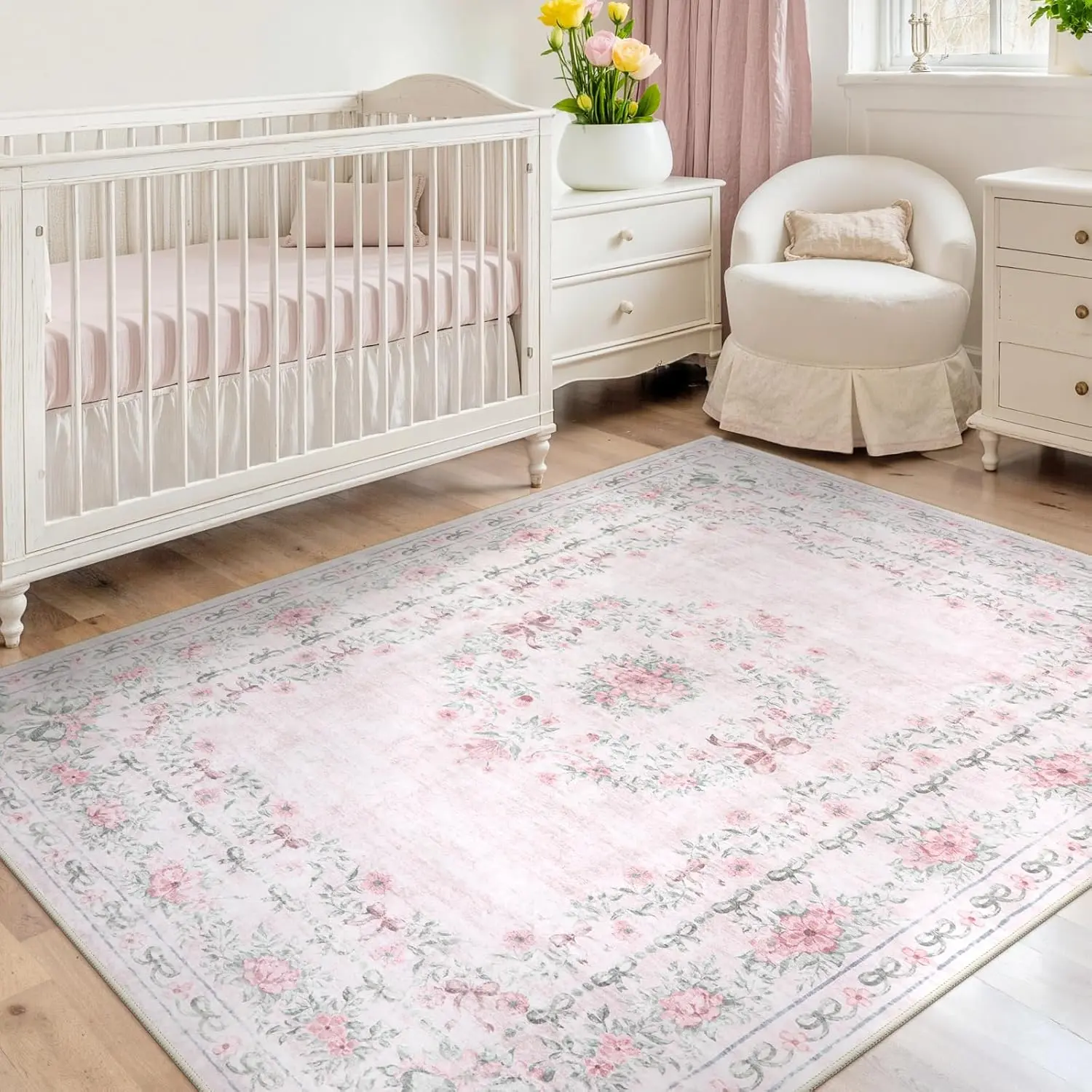 Lahome Boho Printed Flower Area Rug - Pink, Soft, Non-Slip, Machine Washable Farmhouse Boho Rug for Bedroom, Living Room Decor, Flower Rug