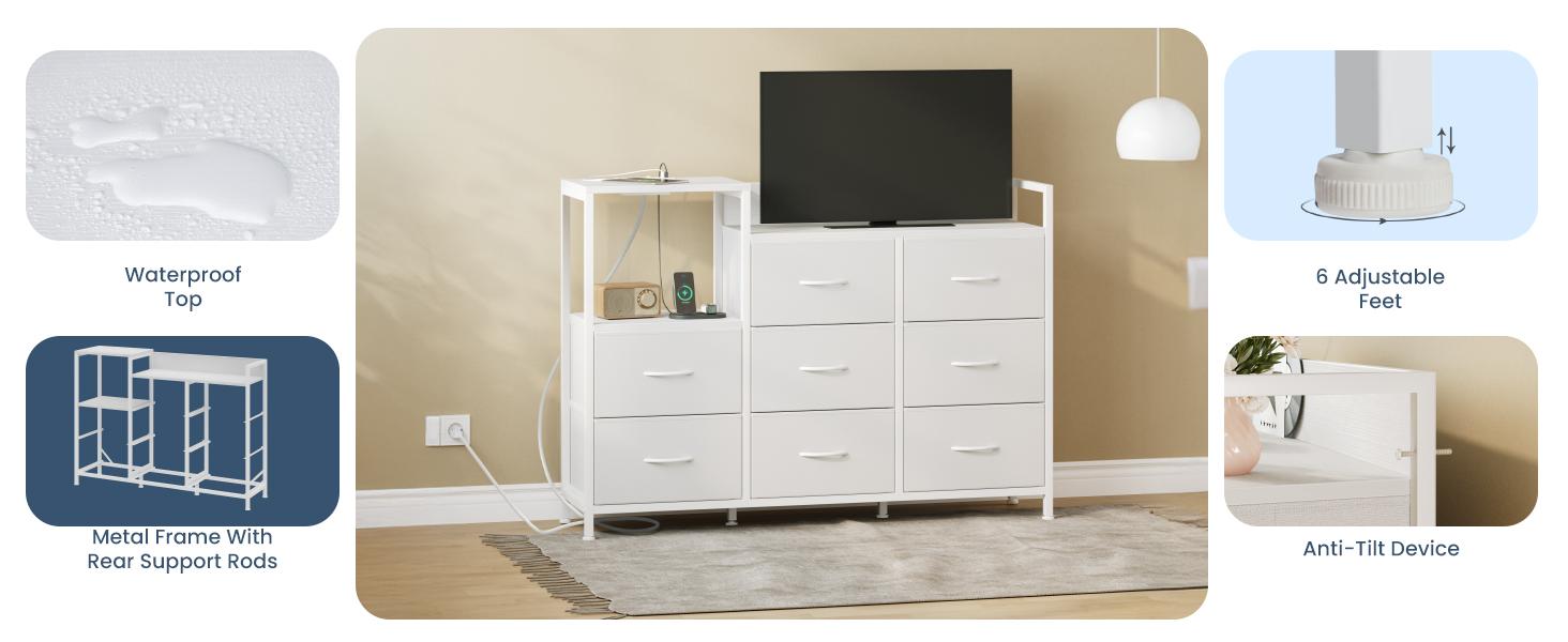 Wooden Top TV Media Console Table with 8 Fabric Drawers 1 Shelves TV Stand for Up to 45 inch TV Entertainment Center with Charging Station for Living Room Hallway Wooden Top TV Media Console Table with 8 Fabric Drawers 1 Shelves TV Stand for Up to 45 inch TV Entertainment Center with Charging Station for Living Room Hallway