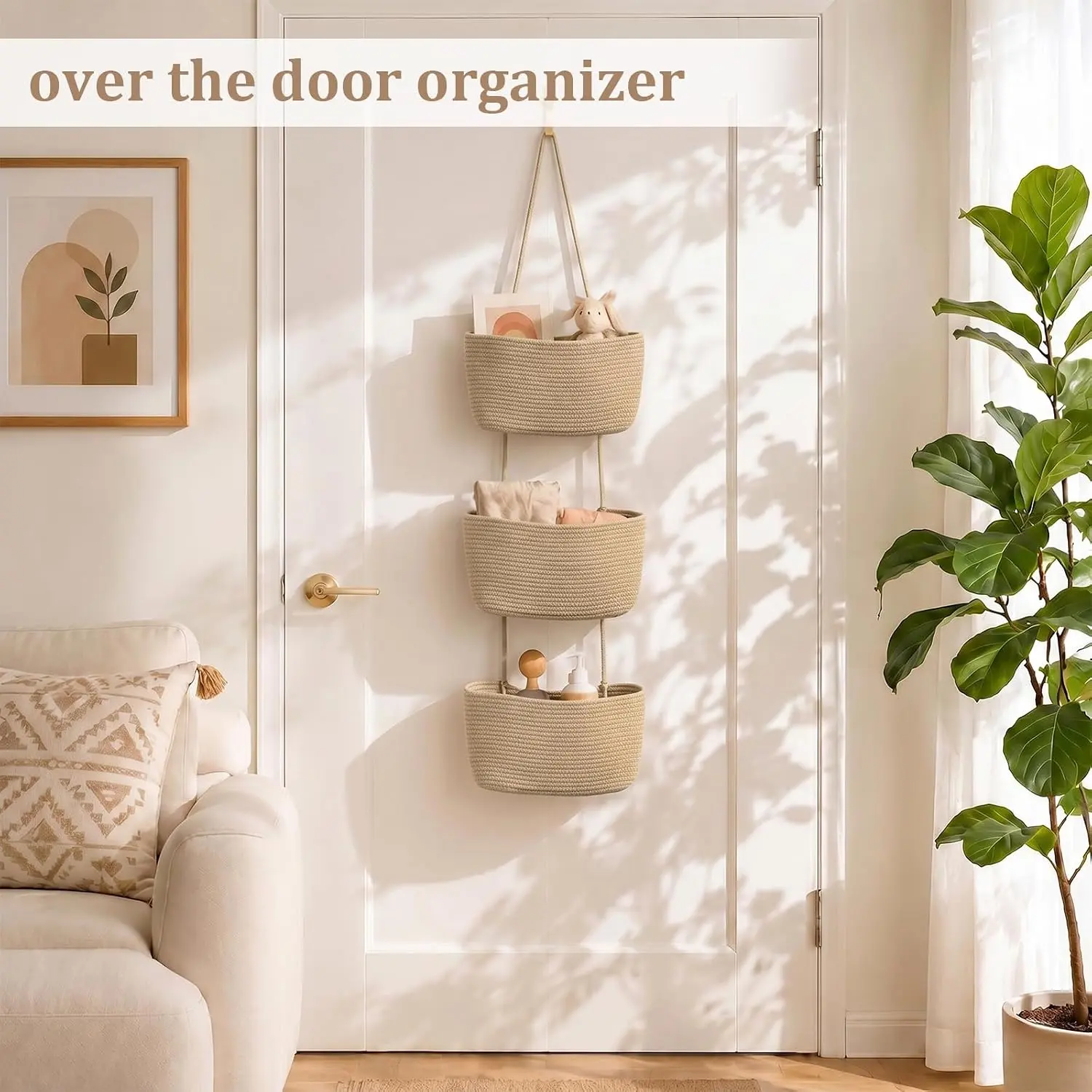 3-Tier Weaving Cotton Over-the-Door Hanging Basket - Wall-Mounted Home Storage Organizer Bag, Space-Saving Solution for Nursery Decor & Item Organization