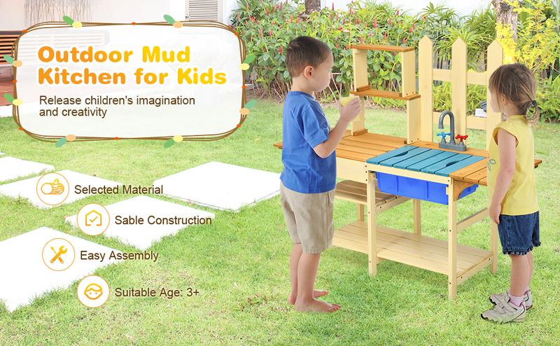 Costzon Wooden Kids Play Kitchen, Outdoor Mud Kitchen with Removable Sink, Water Box & Faucet, Stove Top, Storage Shelves, Fun Backyard Pretend Kitchen Playset dealsforyou