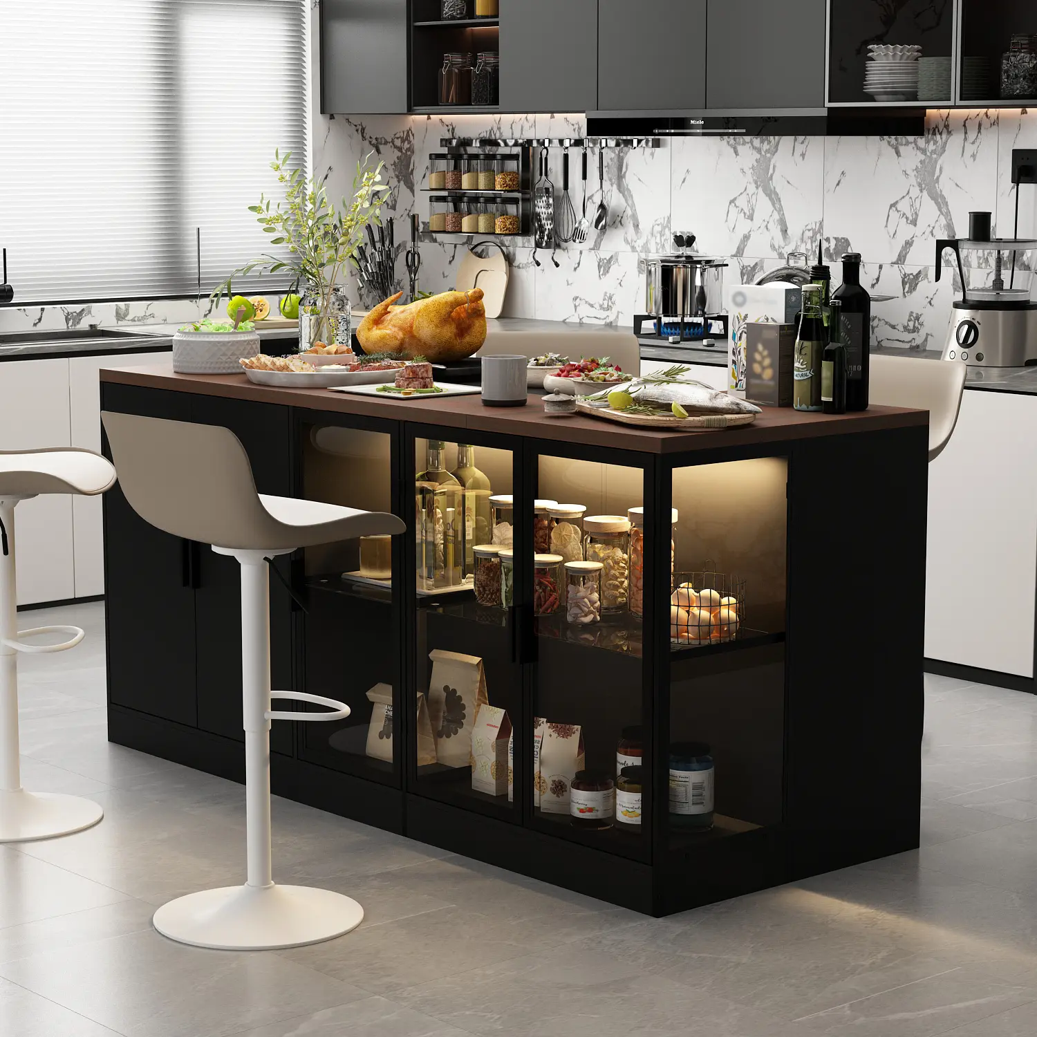 FUFU&GAGA 77in Rectangular Engineered Wood Kitchen Island - Modern Furniture with Glass Doors, 3-Light Modes, Sturdy Hardware, Drawers+Shelves, Clever Storage, Spice Organizer, Clean Look, Detailed Instruction, Assembly Required for Home Bar, Dining Room