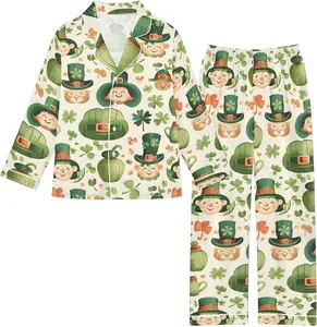 Cartoon St Patricks Day Clover Leaf Satin Pajamas Set Long Sleeve Button Down Unisex Sleepwear Nightwear Pjs 5-14 Years