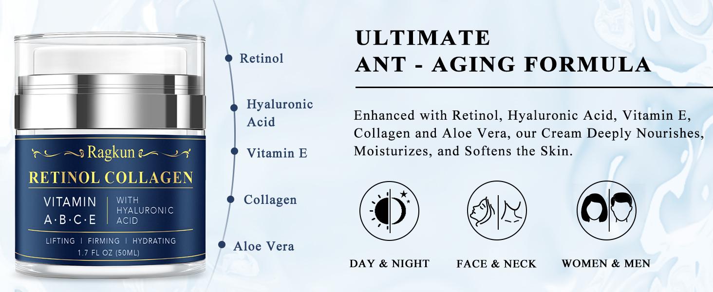 【Limited-time flash sale】Ragkun Retinol Collagen Cream - Advanced Anti-Wrinkle Formula with Vitamin A B C E & Hyaluronic Acid for Firming & Moisturizing - 1.7 fl oz